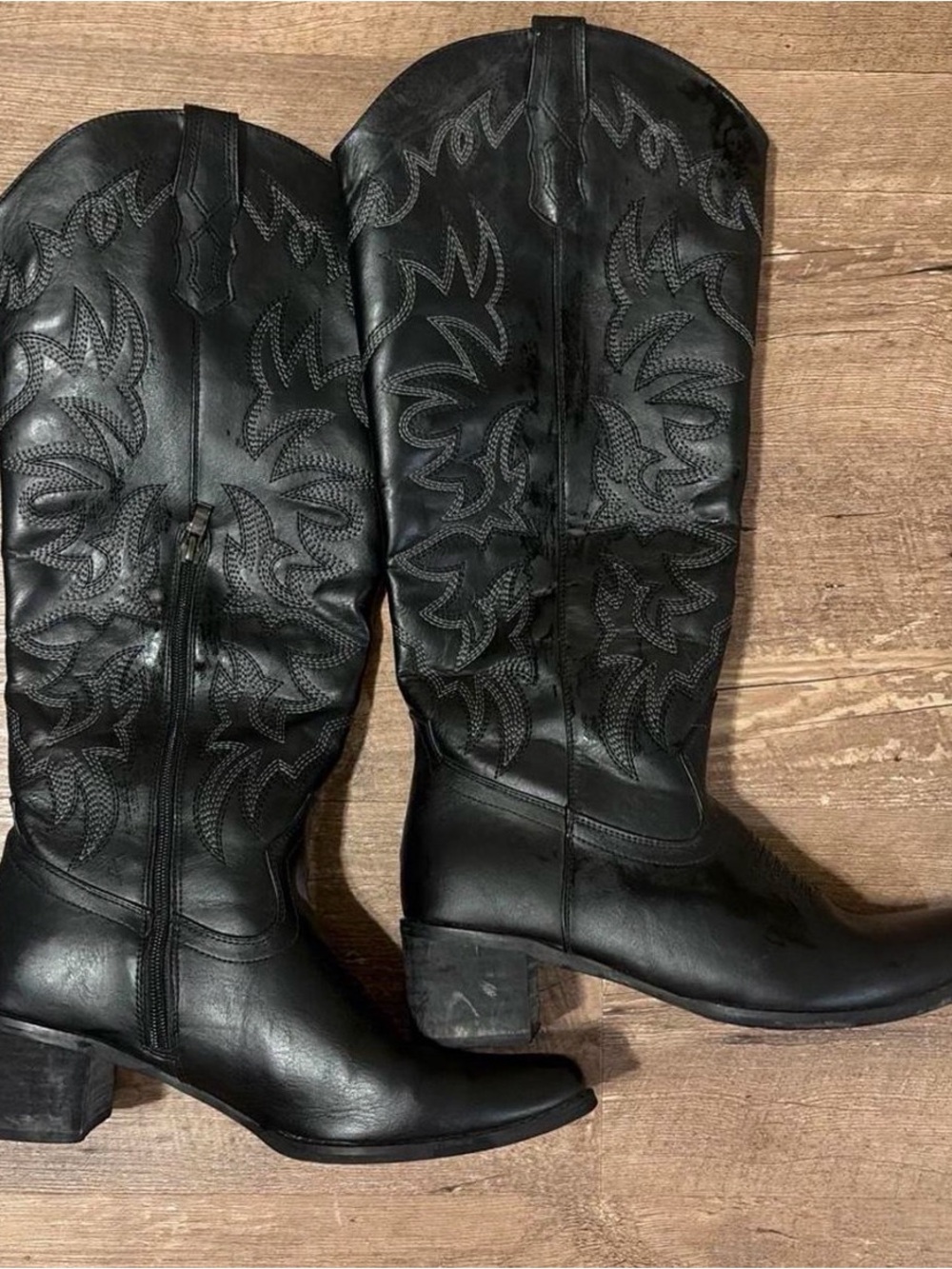 Classic Black Leather Western Knee-High Boots